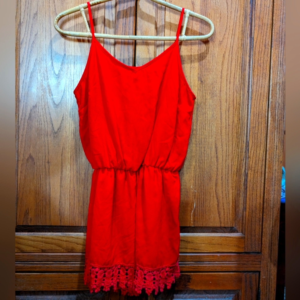 Ing M strappy cherry red lace hemmed chiffon lined shorts romper 3" inseam